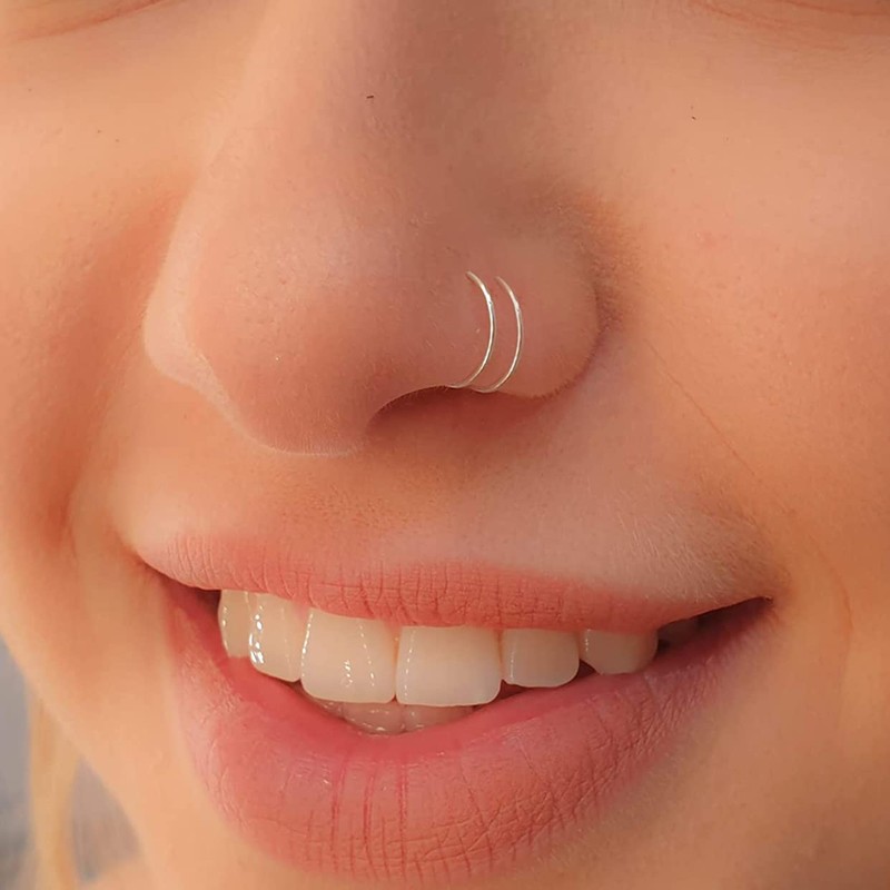 Tiny Silver Double Hoop Nose Ring - Spiral Nose Ring