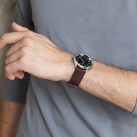 Ayadoo 22mm Top Grain Leather Watch Band, Dark Brown Crazy Horse Leather Replacement Watch Strap with Silver Buckle, Quick Release