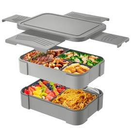 Bento Box Lunch Containers for Kids, Adult - Stackable Lunch Box with Utensil Set & 7 Compartments, 50oz/1500ml, 100% Leak-proof, BPA-free, Microwave, Dishwasher and Fridge Save, Office, School, Grey