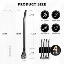 Set of 4 304 Stainless Steel Straws, Reusable, Reusable Straws, Spoons, Stainless Steel Straws Spoons, with Filter Head, 3-in-1 Straw Spoon, with Cleaning Brushes, for All Drinks (Black)