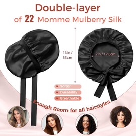 PORAYATA Double-Layer Mulberry Silk Bonnet for Sleeping Women 22 Momme 6A with Adjustable Ties, 13 Inch Anti-Frizz Sleep Hair Bonnet for Hair Protection, Includes Silk Scrunchie, Black