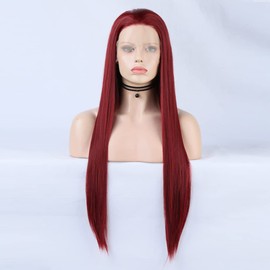 Red Lace Front Wigs Long Straight Synthetic 150% Density with Heat Resistant Hair 13 x 4 Lace Burgundy Lace Wig 61 cm