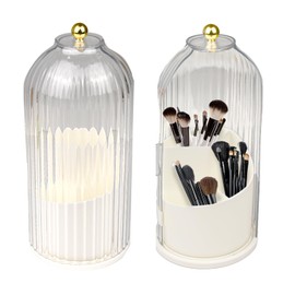 Surplex Makeup Brush Holder Organizer with Clear Lid 360 Rotating Sliding Opening Dustproof Brushes Container, Waterproof Dustproof Spinning Cosmetics Organizer Storage Box for Vanity Bathroom , White