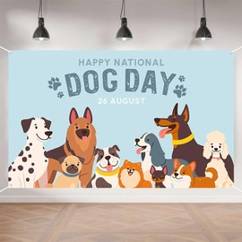 Aperturee Happy National Dog Day Banner - 70.8x43.3in Dog Lover Decor with Cute Breeds & August 26 Date, Blue Background Pet Celebration Sign