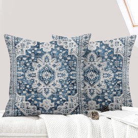 ECZOIL Set of 2 Boho Cushion Covers, 40 x 40 cm, Decorative Boho Style Vintage Decorative Cushion Covers for Sofa, Armchair, Home, Bedroom with Hidden Zip, Blue and White