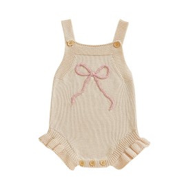 KtwHarnu Newborn Baby Girl Clothes Bow Embroidery Romper Sleeveless Knit Romper Jumpsuit Sweater Bodysuit One-Piece Outfit (B-Beige, 18-24 Months)
