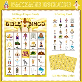 GMEMNOV Bible Bingo Game for Kids Adults - 24 Players Christian Bingo Card Religious Game Activities for Family Vacation Bible School Sunday Church Family Open Day Holiday Supplies