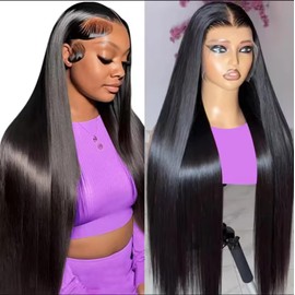 CECININLL Synthetic Lace Front Wig 30 Inch 13x4 HD Lace Pre Plucked Long Straight Glueless Wig with Baby Hair, Heat Resistant Natural 1B Black Wigs for Black Women (1B) (Black, 30 Inch)