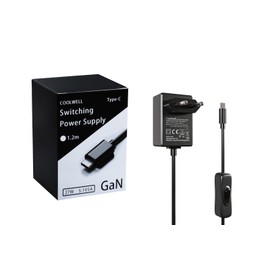 Coolwell For Raspberry Pi 5 Power Supply 27W USB-C Output 5V/5A, 9V/3A, 12V/2.25A, 15V/1.8A ETL Listed-GaN PD 5A 27W PD Power Supply with ON/Off Switch