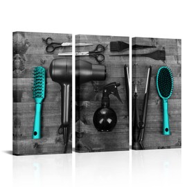 LevvArts 3 Piece Hair Salon Canvas Wall Art Hair Cutting Tools Picture Prints for Beauty Shop Decor Vintage Teal and Grey Artwork Frame Ready to Hang 16x32inchx3pcs