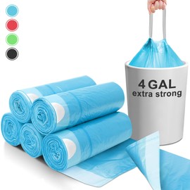4 Gallon Trash Bags Drawstring 100 Count, JUKFITA Strong Small Garbage Bags, Unscented Trash Can Liners for Bathroom Restroom Office Kitchen, Blue
