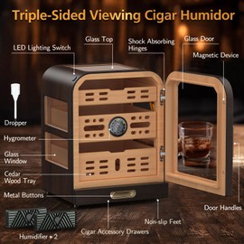 USEWIRE Cigar Humidor, 3 Side Windows Humidor Cigar Box, Cedar Wood Drawer Cigar Cabinet, with LED Lighting System, Digital Thermometer and 2 Cigar Humidifiers, Glass Top Cigar Case for 80-120 Cigars