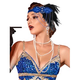 VENOFEN 1920s Feather Flapper Headpiece Great Gatsby Headband Blue Roaring 20s Headpiece Vintage Headdress Flapper Accessories for Women and Girls