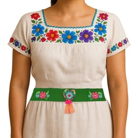 Floral Embroidered Green Belt with Tassels, Mexican Style, Women's Fashion Accessory
