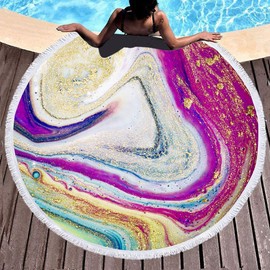 Violet Mist Purple Quicksand Round Beach Blanket 60" Microfibre Circular Beach Towel Throw with Fringe Large Sand Free Circle Beach Blanket with Tassels for Women Travel Swimming Pool Picnic Towel