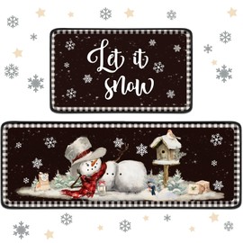 Suttmin 2 Pieces Christmas Winter Kitchen Rugs Set Let It Snow Snowflake Snowman Kitchen Mats for Winter Home Holiday Decor, 17 x 29 Inches, 17 x 47 Inches(Black)
