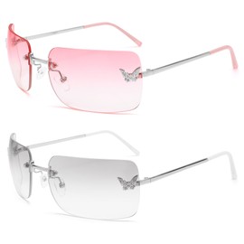 LIU·WEN Rectangle Y2k Sunglasses for Women - Trendy Rimless 2000S Fashion Shades Butterfly(Gradient Pink + Silver)