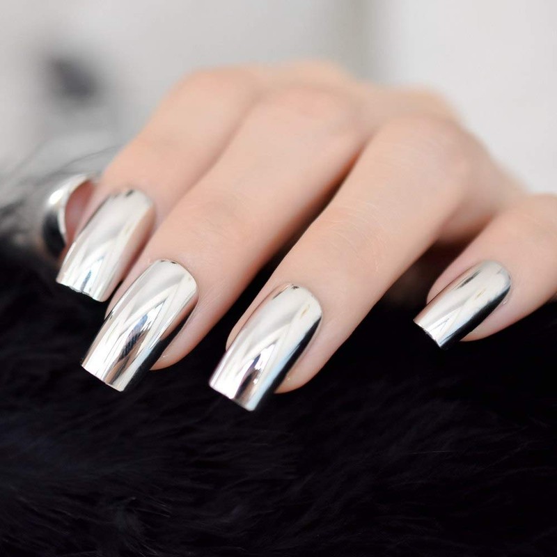 CoolNail Shiny Silver Metallic Long False Nail Tips Punk Metal