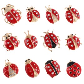 WRITWAA 12Pcs Ladybug Brooch Pins Small Rhinestone Ladybug Lapel Pins Bling Clothing Decorations for Shirts Dress Backpack Jacket Hat, Red