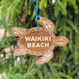 Destinations Decal Waikiki Beach Ornament Christmas Sea Turtle Wood Laser Cut 3.75" Oahu Hawaii HI