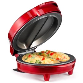 Holstein Housewares Stainless Steel 2 Section Omelet & Frittata Maker, Non Stick Coating, Easy To Clean, Indicator Lights, Compact Storage, Versatile Recipes in Minutes. 2 Portions, Metallic Red