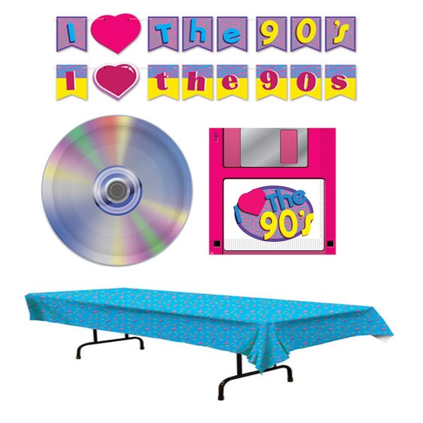 90s Party Supplies Tableware and Decorations - I Love The 90s Theme - Plates, Napkins, Tablecover, and Streamer Set - Accommodates 16 Guests