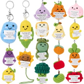 Tondiamo 18 Pcs Crochet Keychain Dolls Bulk with Positive Card Fruits Vegetables Encouragement Support Knitted Crochet Gifts for Birthday Coworker Office Home Decor(Fresh Style)