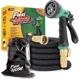Flexi Hose PLUS con boquilla de 8 funciones, manguera de jardín expandible, ligera y flexible sin torceduras, accesorios de latón macizo de 3/4 pulgadas y núcleo de látex doble, 25 pies, negro