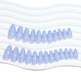 Blue Chrome Press on Nails Medium Almond Fake Nails with Aurora Design Acrylic False Nails Glossy Glue on Nails Full Cover Artificial Stick on Nails for Women Girls Manicure Decoration 24Pcs