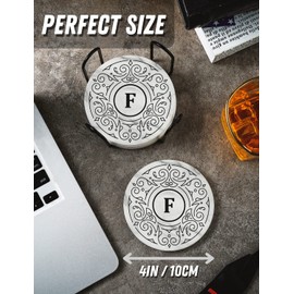 Onebttl Monogrammed Coaster Gifts Set of 6, Initial Letter, Ceramic, Absorbent with Cork Base, Home Decor for Family, Housewarming, Thanksgiving, Friends, Birthday, Christmas - F