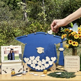 OurWarm Graduation Guest Book Alternative, Class of 2025 Graduation Decor Wooden Guest Book Alternatives, Blue Graduation Caps Decoration with 60 Hearts, Graduation Decoration for College High School