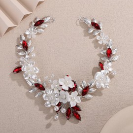 Teyglen Silver Leaf Flower Hair Vine Floral Flower Headpiece Red Crystal Bride Wedding Headband Bridal Hair Accessories for Women Silver Rhinestone Pearl Hair Piece (Red)