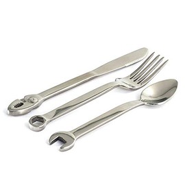 WRENCHWARE - Juego de cubiertos grande de 3 piezas de herramientas tenedor, cuchillo y cuchara + almacenamiento de cubiertos - Juego de cubiertos y cubiertos - Juego de utensilios de cocina es el regalo perfecto y la pieza de conversación