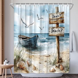 Nautical Coastal Shower Curtain Ocean Beach Seasides Sailboat Coastal Blue Teal Seagull Seascape Bath Decor Polyester Fabric Curtains 70X70 Inch