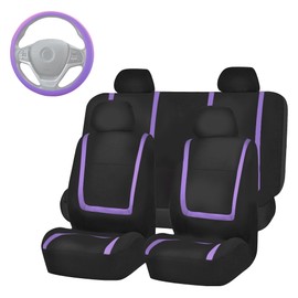 FH Group Unique Flat Cloth Full Set Car Seat Covers w. Silicone Steering Wheel Cover- Universal Fit for Most Cars, Trucks, SUVs or Vans (Purple/Black)