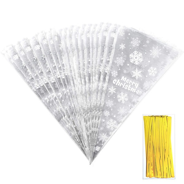100 Counts Christmas Snowflakes Cone Cello Bags Cellophane Treat Candy Bags with 100 Pieces Twist Ties for Christmas Party Favor