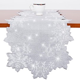 Christmas Table Runner Snowflake Table Decorations Silver Grey 54 inches Long Embroidered Cutwork Sequin Glitter Shiny Holiday Festive Dining Decor 1 Piece