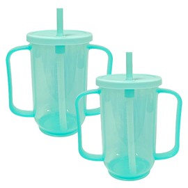 Qancesd 2 Pack Adult Sippy Cups for Elderly 2 Handles Straw Cups 12oz No Spill Cups for Adults Dysphagia Cups for Disabled Patients Limited Mobility