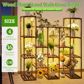 Dreyoo Plant Stand with Grow Lights, Wood Plant Shelf with Full Spectrum Grow Lamp for Indoor Corner, Vintage Pot Stands Rack for Living Room Balcony Display (14 Potted Shape)