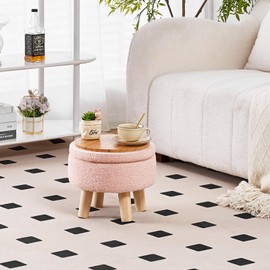 Wimarsbon Storage Ottoman, Modern Round Footrest with Soft Padded Seat, Teddy Velvet Footstool with Wood Legs, Accent Small Table or Plant Stand for Hallway, Living Room (Pink)