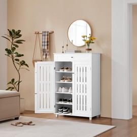 Yaheetech Shoe Cabinet, 5-Tier Shoe Rack Organizer with 1 Drawer, Freestanding Wooden Shoe Storage Cabinet with 2 Louvered Door & Adjustable Shelves for Entryway Hallway, White