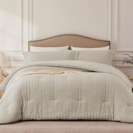 Quataly Oatmeal Full Comforter Set - 3 Pieces Seersucker Lightweight Bedding Comforter Sets (1 Soft Fluffy Comforter & 2 Pillowcases) - All Seasons Cozy Modern Bed Sets
