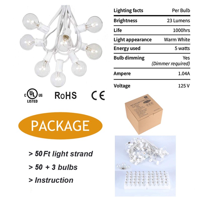 Afirst Outdoor String Lights 50FT with 53 Globe Bulbs Patio