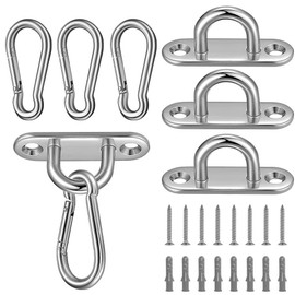 Abnaok Pack of 4 Eye Plate Stainless Steel and 4 Pieces Stainless Steel Carabiners, Eye Plates for Sun Sail / Wall Mounting, Ceiling Mounting, Wall Hook, Eye Plate Ceiling Hook Eye Plate with Ring