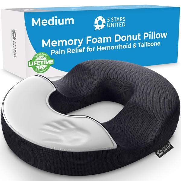 5 STARS UNITED Donut Pillow Hemorrhoid Tailbone Cushion – Medium Black Seat Cushion Pain Relief for Coccyx, Prostate, Sciatica, Pelvic Floor, Pressure Sores, Pregnancy