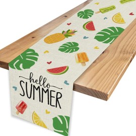 Hello Summer Table Runner, Colorful Fruit Popsicle Palm Leaves Love Heart Seasonal Table Center Decor for Home Kitchen Dining Party Indoor Outdoor Decoration 13x72 Inch.