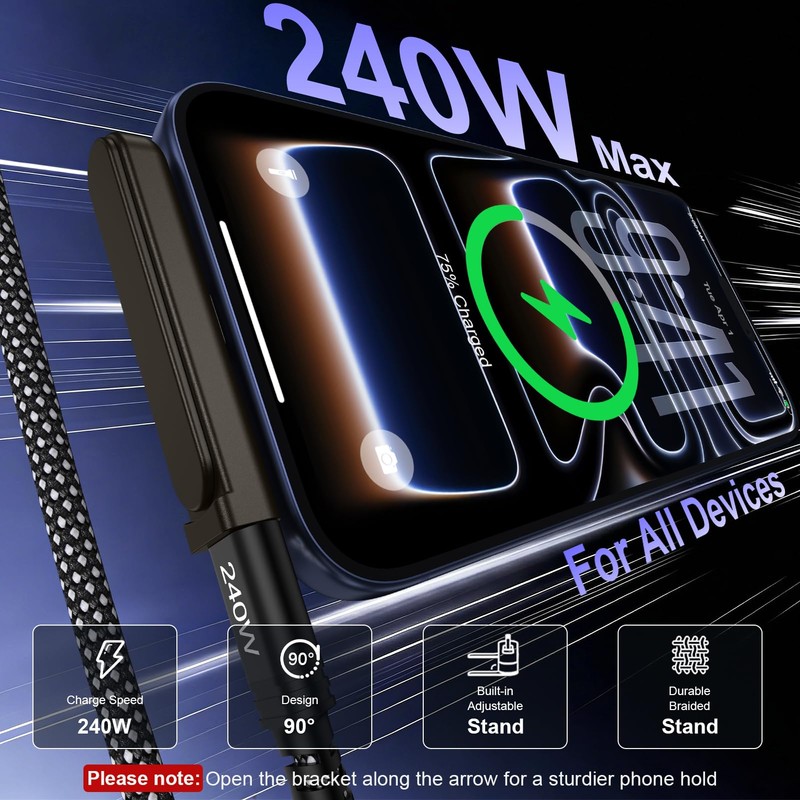 Invisible Holder Charger Cable with Stand,Detachable 240W USB Type C