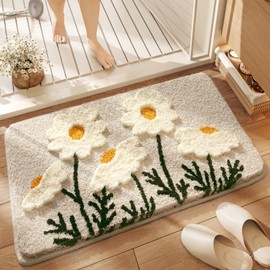 Bathroom Rug Mat, White Daisy Flower Bath Mat with Soft and Non-Slip, Ultra Absorbent Chenille Velvet Floor Mat, Machine Washable Quick Dry Bath Rug Carpet for Toilet Bathtub 16x24 Inches (White)