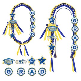 Graduation Lei & Honor Cord Set, Class of 2025 Graduation Money Ribbon Leis Braided Necklace Honor Rope with 8 Decorations Patches for High School, College, Master, Grad Party Gift (Blue, Gold)
