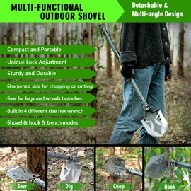 ZENHOSIT Multifunctional Folding Tactical Shovel Hatchet Combo - With Axe, Flashlight, Extension Handles - For Camping, Cycling, Hiking - 19.3-40.9 Inches
